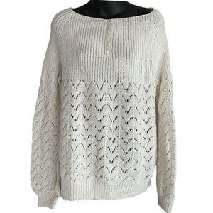 Pearl Detail Granny Core Hand Knit Chunky Cable Ribbed Sweater Ivory Women’s L